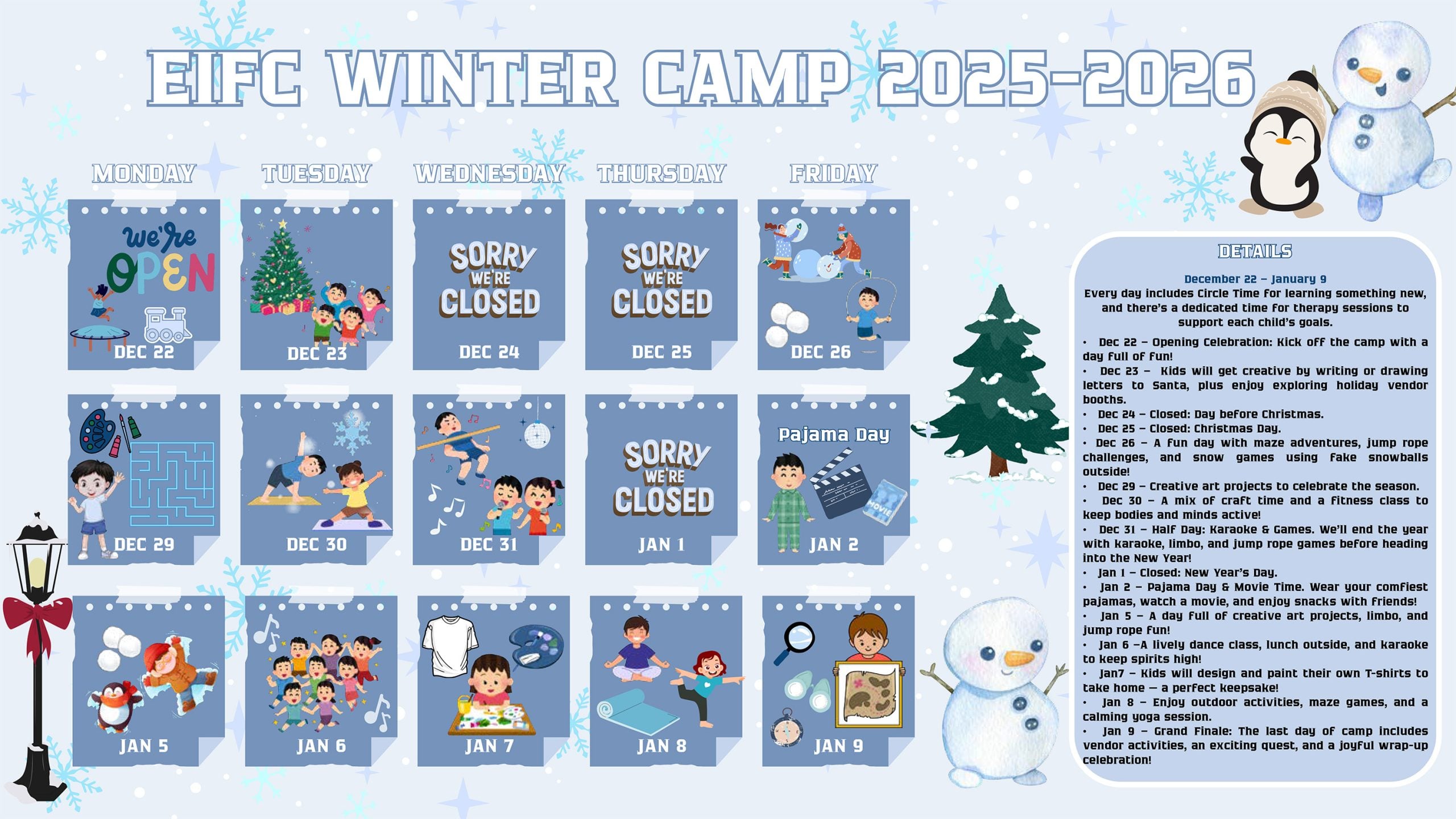 EIFC Winter Camp schedule with daily activities and ABA support